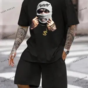 EMRG Siyah Örgü Erkek Karakter Baskılı Kısa Kollu Grafik Erkek T Gömlek Ve Şort Tak