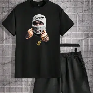 EMRG Siyah Örgü Erkek Karakter Baskılı Kısa Kollu Grafik Erkek T Gömlek Ve Şort Tak