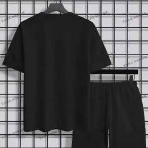 EMRG Siyah Örme Erkek Uzaylı Mektup Baskılı Tişört ve Şort İki Parçalı Set