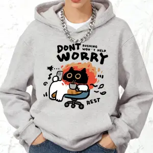 Endişelenme Kedi Baskılı Kapüşonlular Pamuklu Kadın Koşu Cep Kazakları Sportif Bol Sweatshirt