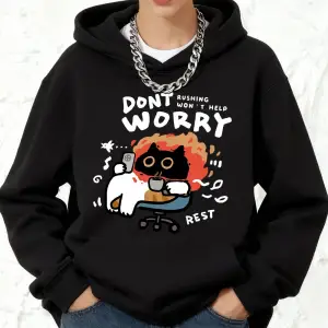 Endişelenme Kedi Baskılı Kapüşonlular Pamuklu Kadın Koşu Cep Kazakları Sportif Bol Sweatshirt