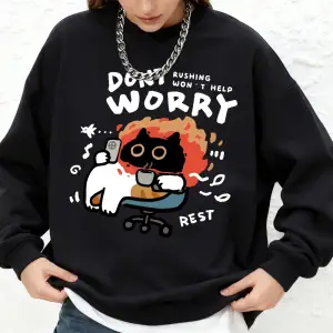 Endişelenmeyin Kedi Baskılı Kapüşonlu Üstler Bayanlar İçin Basit Sıcak Uzun Kollu Sweatshirt