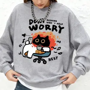 Endişelenmeyin Kedi Baskılı Kapüşonlu Üstler Bayanlar İçin Basit Sıcak Uzun Kollu Sweatshirt