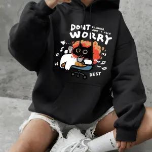 Endişelenmeyin Kedi Baskılı Tişörtü Bayan Temel Ürünleri Bisiklet Yaka Kapüşonlu Üstler Günlü