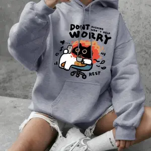 Endişelenmeyin Kedi Baskılı Tişörtü Bayan Temel Ürünleri Bisiklet Yaka Kapüşonlu Üstler Günlü