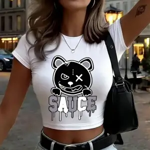 Eritilmiş Karikatür Ayı Baskılar Bayan Kırpma Üstleri Yaz O-Boyun Uydurma İnce Tişörtler Yüks