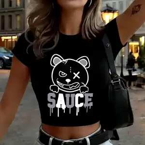 Eritilmiş Karikatür Ayı Baskılar Bayan Kırpma Üstleri Yaz O-Boyun Uydurma İnce Tişörtler Yüks