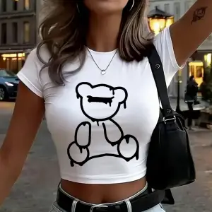 Eriyen Karikatür Ayı Baskılı Kadın Babby TeeT-Shirt Yaz Yumuşak Yüksek Elastik Üstler O-Boyun Kıs
