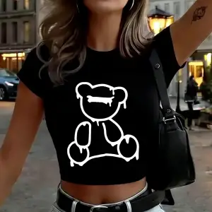 Eriyen Karikatür Ayı Baskılı Kadın Babby TeeT-Shirt Yaz Yumuşak Yüksek Elastik Üstler O-Boyun Kıs