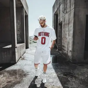 Erkak Beyaz Nothing 0 Baskılı Oversize Bisiklet Yaka Tişört