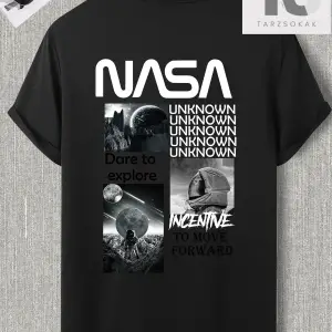 Erkek Astronot ve Slogan Grafikli Düşük Omuz Tişörtü