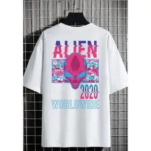 Erkek Beyaz Alıen Oversize Bisiklet Yaka Tshirt