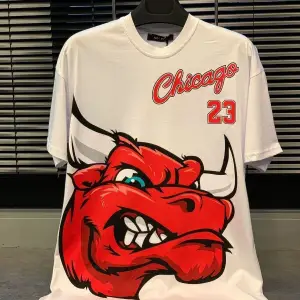 Erkek Beyaz Chicago 23 Baskılı Oversize Bisiklet Yaka Tshirt