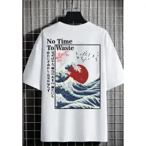 Erkek Beyaz No Time Oversize Bisiklet Yaka Tshirt