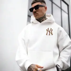 Erkek Beyaz Ön Arka NY Baskılı Kapüşonlu Sweatshirt onarkanysweatshirt