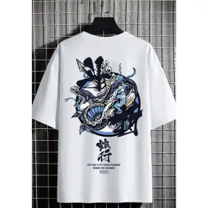 Erkek Beyaz Pusula Oversize Bisiklet Yaka Tshirt