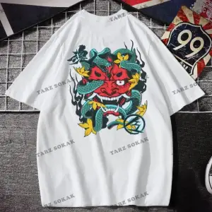 Erkek Beyaz T-shirt Devıl Sırt Baskılı Oversize