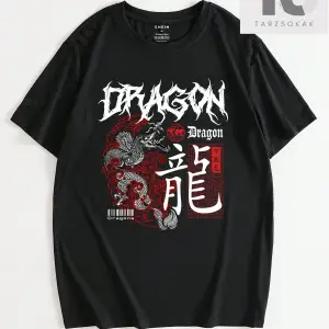 Erkek Çin Ejderhası ve Mektup Baskılı Kısa Kollu Tişört