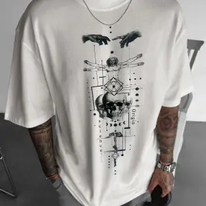 Erkek Ekru Beyaz Da Vinci Sicience Oversize Fit Bol Geniş Kalıp Salaş Kesim