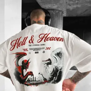 Erkek Ekru Beyaz Devil And Angel Oversize Fit Bol Geniş Kalıp Salaş Kesim