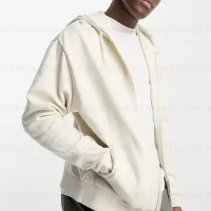 Erkek Ekru Kapüşonlu Fermuarlı 3 Üç İplik Polar Kanguru Oversize Salaş Sweatshirt Beyaz