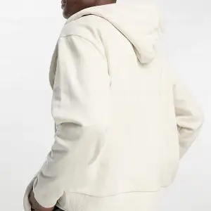 Erkek Ekru Kapüşonlu Fermuarlı 3 Üç İplik Polar Kanguru Oversize Salaş Sweatshirt Beyaz