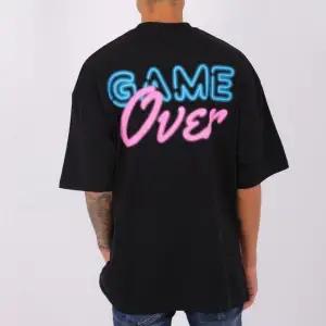 Erkek Game Over Baskılı Oversize Bisiklet Yaka Tshirt