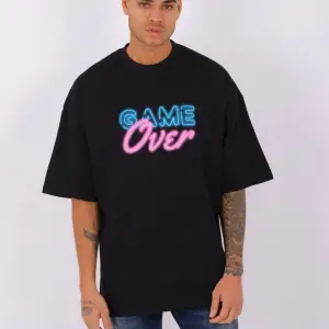 Erkek Game Over Baskılı Oversize Bisiklet Yaka Tshirt