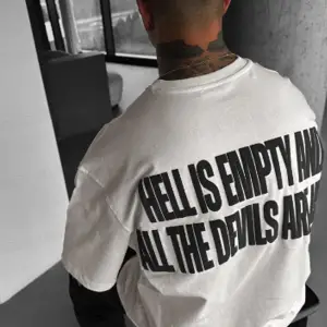 Erkek Hell & Devil Kabaran Baskı Ekru Bisiklet Yaka Oversize Salas