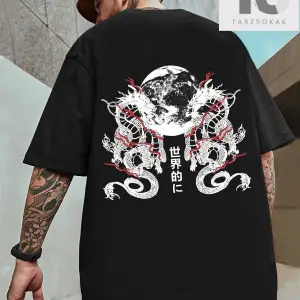 Erkek Japon Harfli ve Ejderha Grafikli Tişört