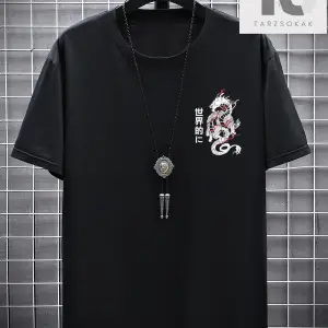 Erkek Japon Harfli ve Ejderha Grafikli Tişört