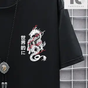 Erkek Japon Harfli ve Ejderha Grafikli Tişört