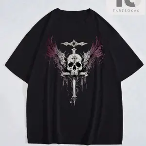 Erkek Kafatası ve Kanatlar Baskılı Tişört