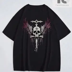 Erkek Kafatası ve Kanatlar Baskılı Tişört