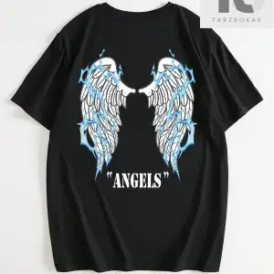 Erkek Kanat ve Yazı Baskılı Yuvarlak Yaka Tişört