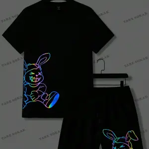 Erkek Kısa Kollu Emoji Baskılı Tişört ve Şort Takım