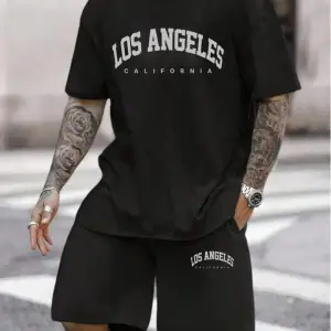 Erkek Rahat Yaz Takımı - Kısa Kollu Harf ve Grafik Baskı No Tişört Ve Şort Takımı