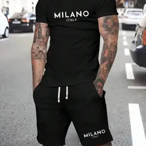 Erkek Rahat Yaz Takımı - Kısa Kollu Harf ve Grafik Baskı No Tişört Ve Şort Takımı