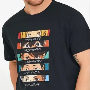 Erkek Siyah Anime Baskılı Oversize Bisiklet Yaka Tişört