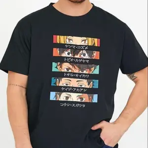 Erkek Siyah Anime Baskılı Oversize Bisiklet Yaka Tişört