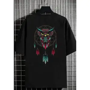 Erkek Siyah Baykuş Oversize Bisiklet Yaka Tshirt