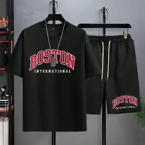 Erkek Siyah Boston International Baskılı Oversize Şortlu Takım Tw-bstontakims