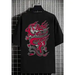 Erkek Siyah Ejderha Oversize Bisiklet Yaka Tshirt