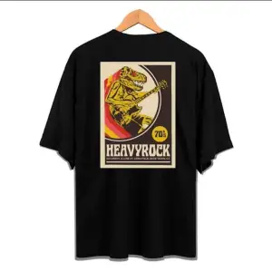 Erkek Siyah Heavy Rock Baskılı Oversize Bisiklet Yaka Tshirt