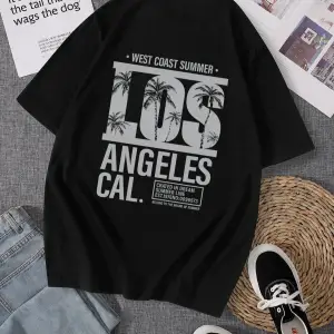 Erkek Siyah Los Angeles Baskılı Bisiklet Yaka Tişört