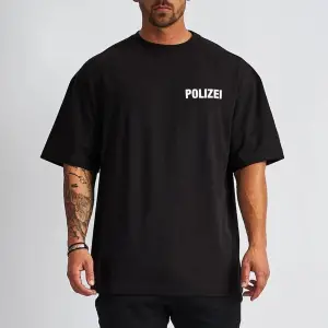 Erkek Siyah Polizai Baskılı Oversize Bisiklet Yaka Tişört