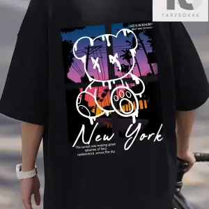 Erkek Slogan Grafikli Düşük Omuz Tişörtü