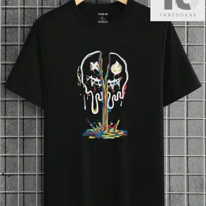 Erkek Slogan ve Şekil Grafikli Düşük Omuz Tişörtü