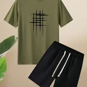 Erkek Yaz Kısa Kollu Tişört ve Şort Takımı Geometrik Desenli Baskılı