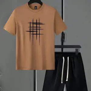 Erkek Yaz Kısa Kollu Tişört ve Şort Takımı Geometrik Desenli Baskılı